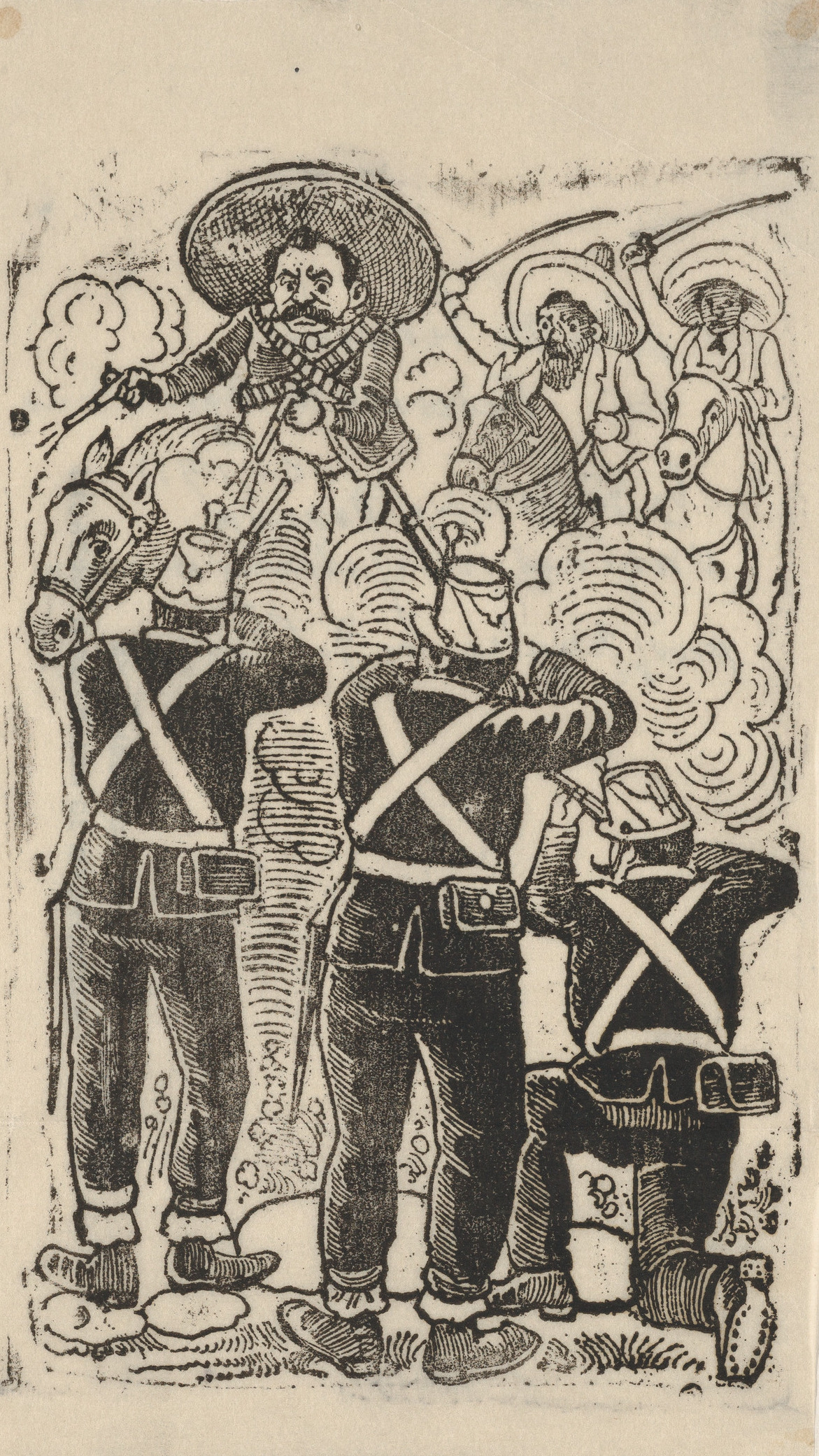 A battle between government troops and Emiliano Zapata’s rural rebels in one of José Guadalupe Posada}s scenes from the Mexican reovlution, c. 1912. Metropolitan Museum of Art. Public Domain.